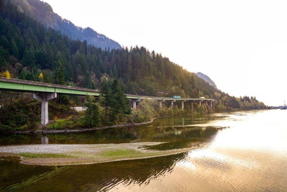 Interstate 84 runs above the Columbia River, as seen from the Eagle Creek Overlook.