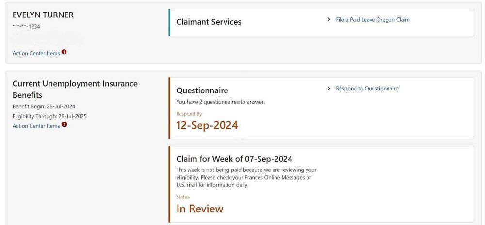 Graphical user interface, Oregon Employment Department -- Frances Online portal for Unemployment Insurance and Paid Leave Oregon.